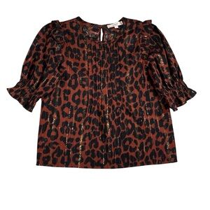 Loft NWT Shimmer Leopard Print Pintucked Ruffle Blouse Size‎ Small